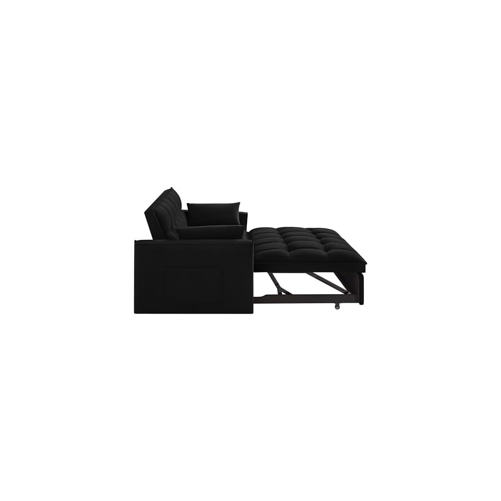 Black Velvet Sleeper Sofa Couch Bed, 4 in 1 Small Modern Convertible Loveseat Futon Sofa with Pullout Bed and Adjustable Backrest for Small Space Living Room Apartment Office Studio Lounge Reading