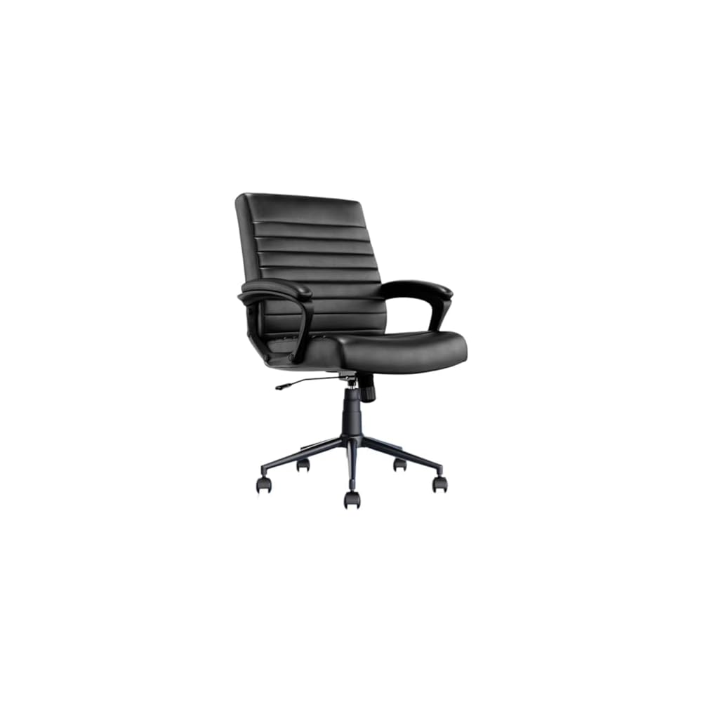 Pemberly Row Ergonomic Mid Back Desk Chair, Bonded Leather Upholstery, Black Finish, Adjustable Height, 5 in Seat Cushion, Heavy Duty Metal Base, Smooth Rolling Casters, Office or Home Use