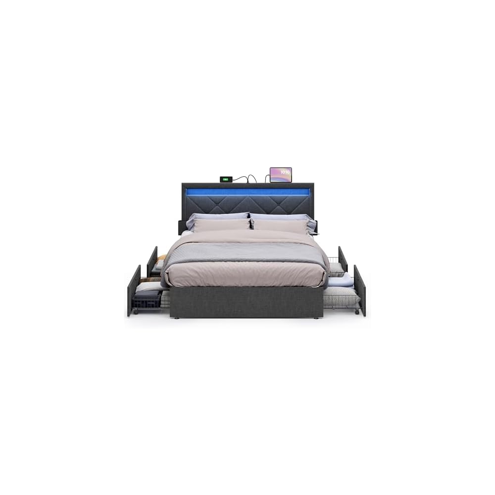 VASAGLE Full Bed Frame, 4 Storage Drawers on Wheels, Charging Station