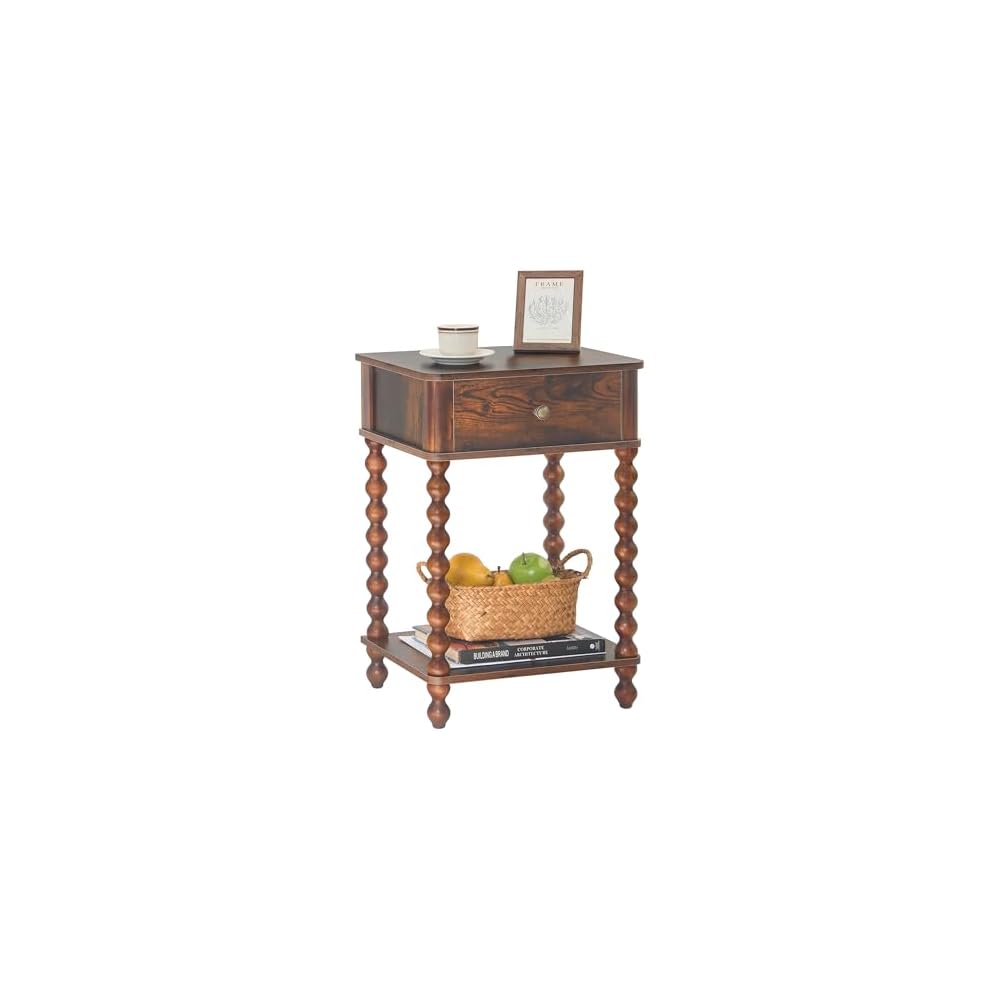AWASEN Nightstand, Mid Century Modern Night Stand with Drawer for Living Room, Modern Bedside End Table with Spindle Wood Legs for Bedroom, Office, Rustic Brown