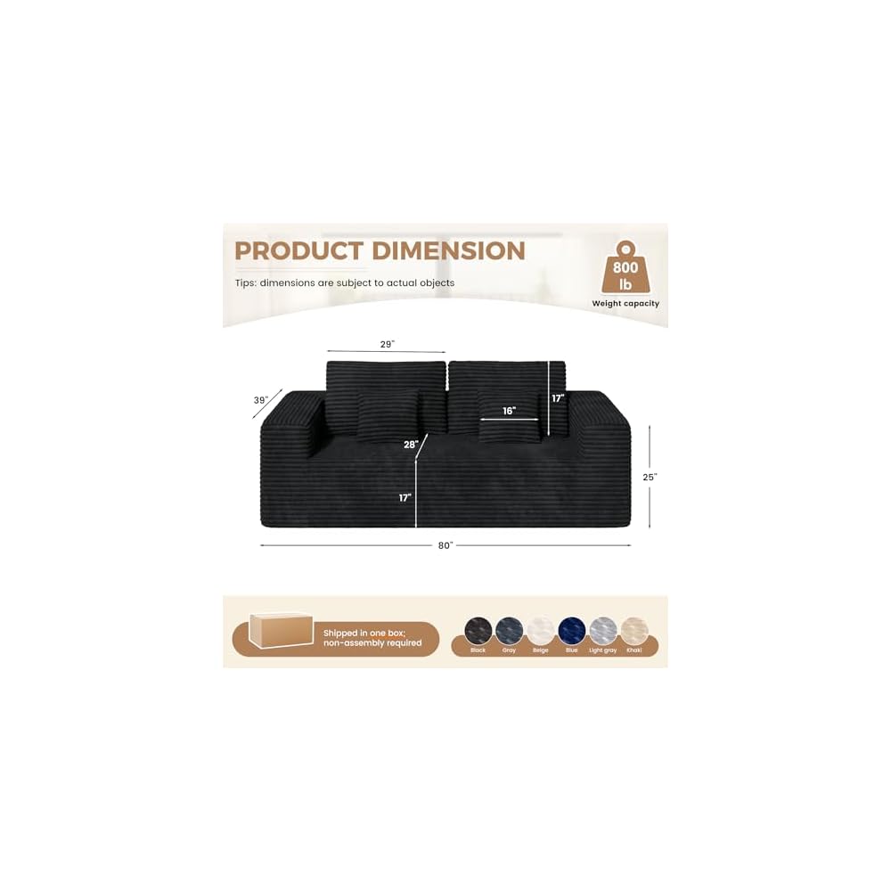 Luxanimarion 80'' Modern Cloud Loveseat Sofa, No Assembly Required Deep Seat Comfy Small Couches Includes 2 pcs Pillows for Living Room, Bedroom, Apartment(Black)