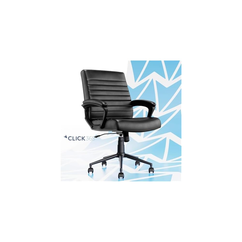 Pemberly Row Ergonomic Mid Back Desk Chair, Bonded Leather Upholstery, Black Finish, Adjustable Height, 5 in Seat Cushion, Heavy Duty Metal Base, Smooth Rolling Casters, Office or Home Use