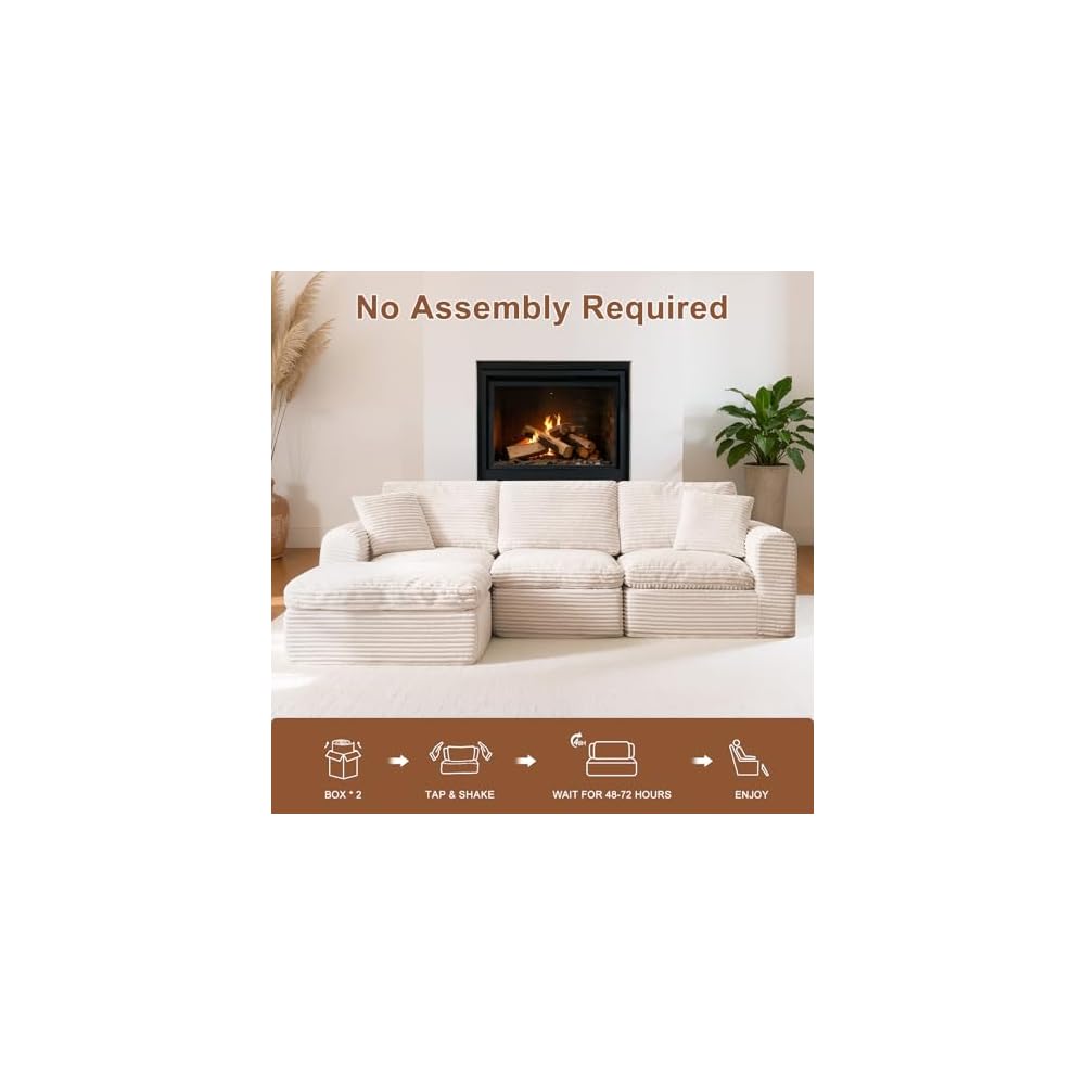 108” Modular Sectional Sofa Couches L Shaped Couch 3 Seater Cloud Sofa Memory Foam Sectional Couches for Living Room, Boneless Couch with Ottoman, Corduroy, Beige