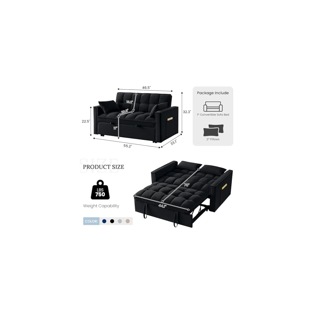 Black Velvet Sleeper Sofa Couch Bed, 4 in 1 Small Modern Convertible Loveseat Futon Sofa with Pullout Bed and Adjustable Backrest for Small Space Living Room Apartment Office Studio Lounge Reading