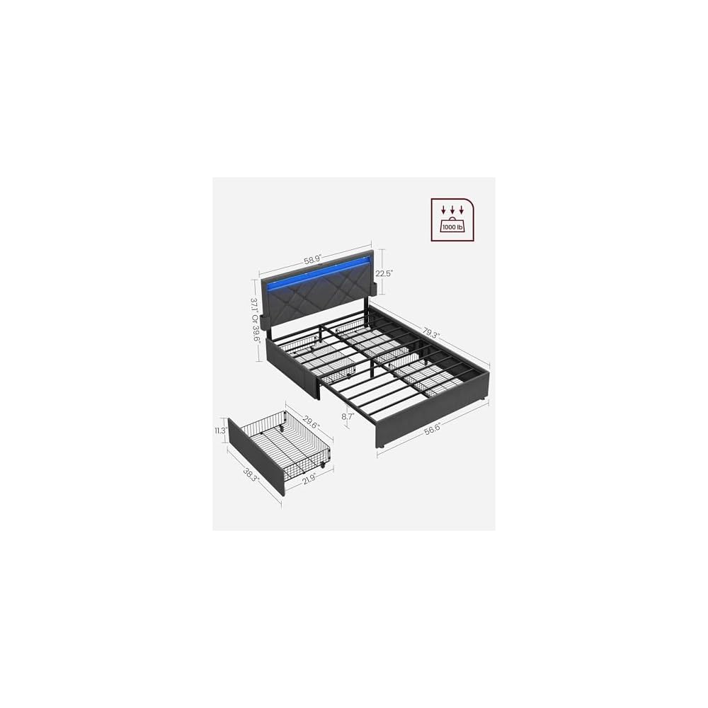 VASAGLE Full Bed Frame, 4 Storage Drawers on Wheels, Charging Station