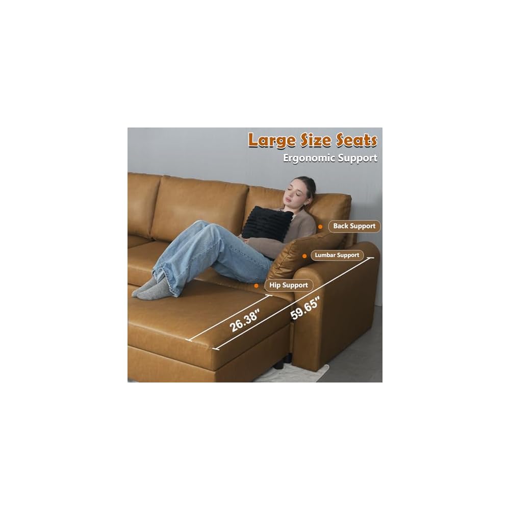 EASE MOOSE Leather Sectional Couch, L Shaped Modular Sectional Sofa, Brown