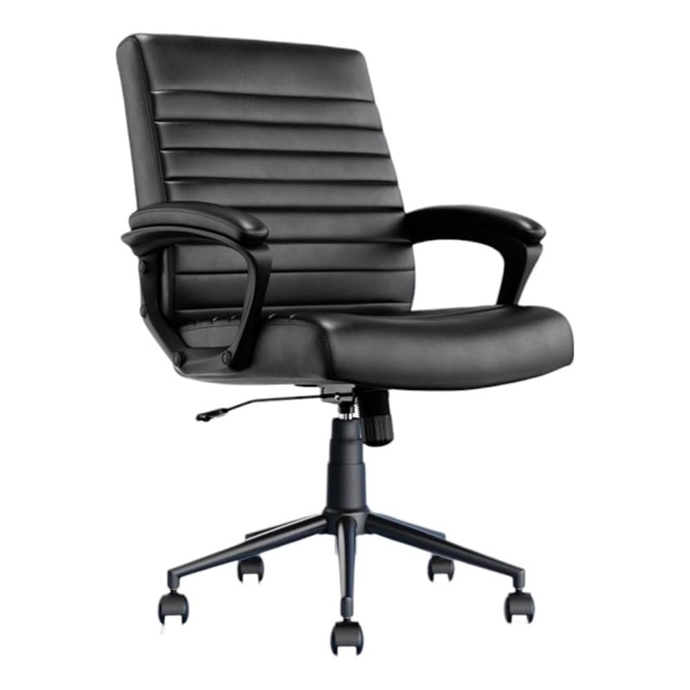Pemberly Row Ergonomic Mid Back Desk Chair, Bonded Leather Upholstery, Black Finish, Adjustable Height, 5 in Seat Cushion, Heavy Duty Metal Base, Smooth Rolling Casters, Office or Home Use