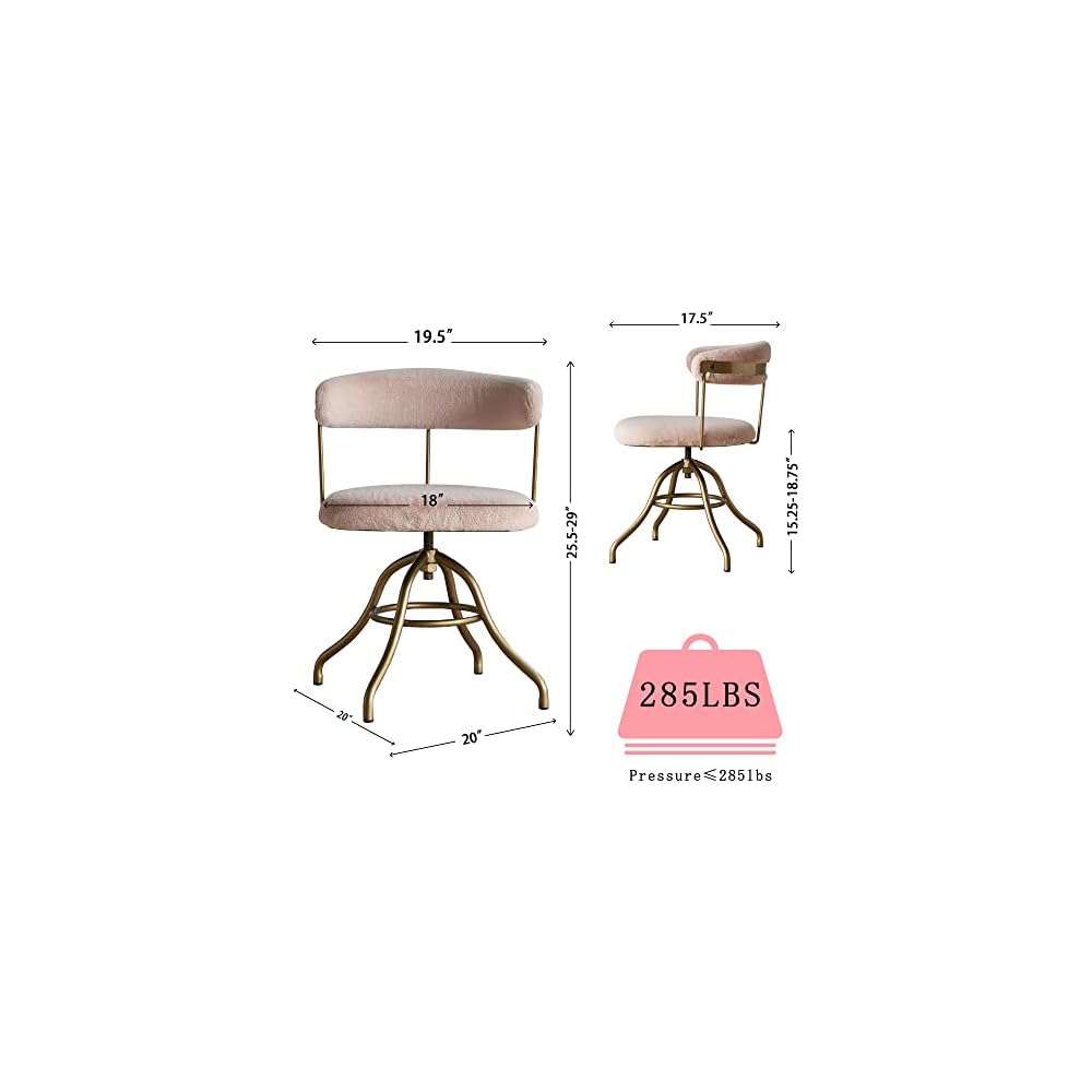 Vintage Desk Chair, Vanity Chair for Women, Comfy Faux Fur Accent Chair, Adjustable Swivel Pink Upholstered Chair for Bedroom, Cloakroom