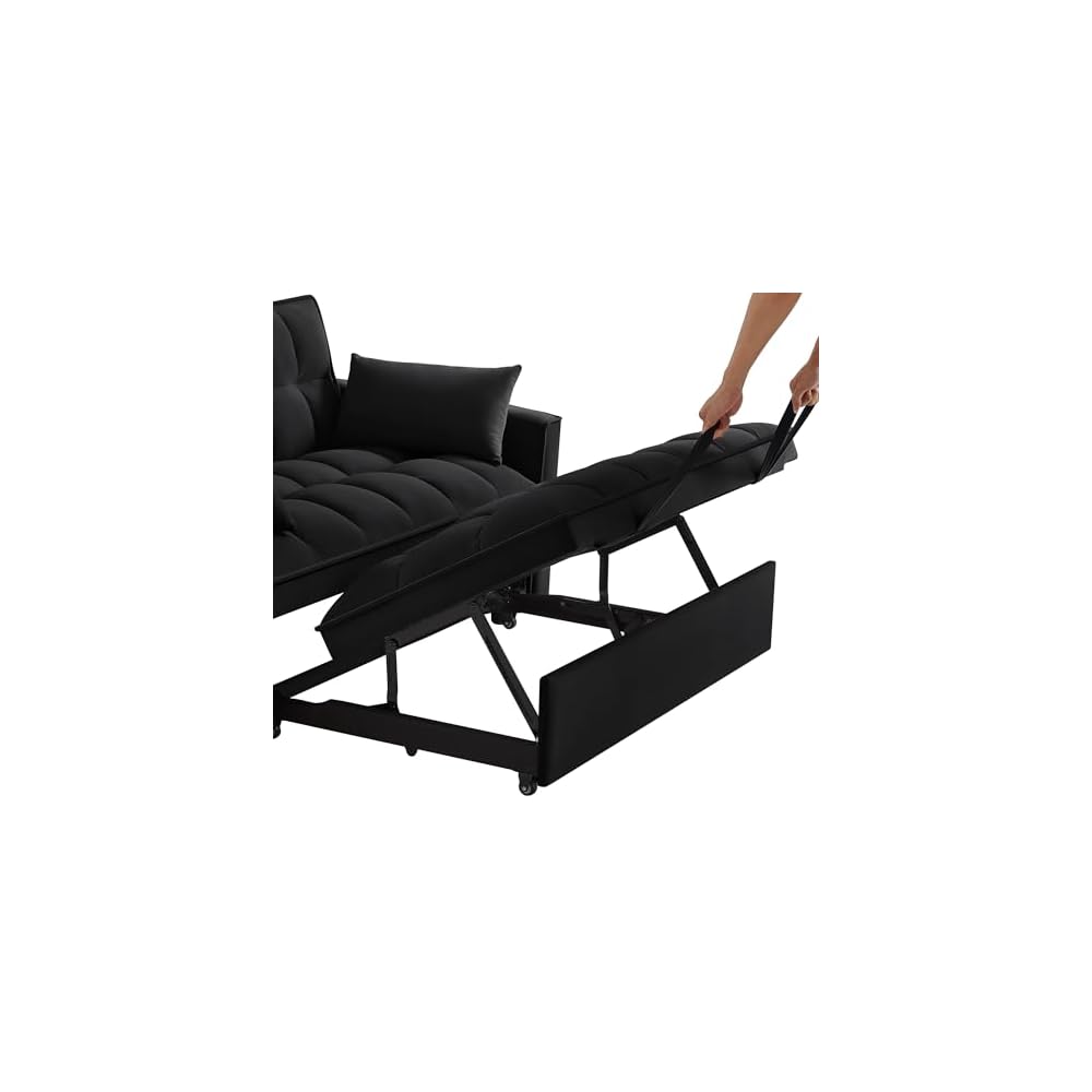 Black Velvet Sleeper Sofa Couch Bed, 4 in 1 Small Modern Convertible Loveseat Futon Sofa with Pullout Bed and Adjustable Backrest for Small Space Living Room Apartment Office Studio Lounge Reading