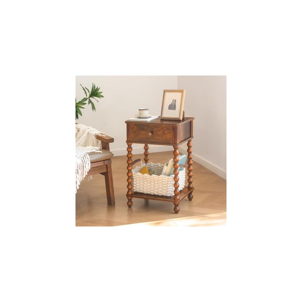 AWASEN Nightstand, Mid Century Modern Night Stand with Drawer for Living Room, Modern Bedside End Table with Spindle Wood Legs for Bedroom, Office, Rustic Brown