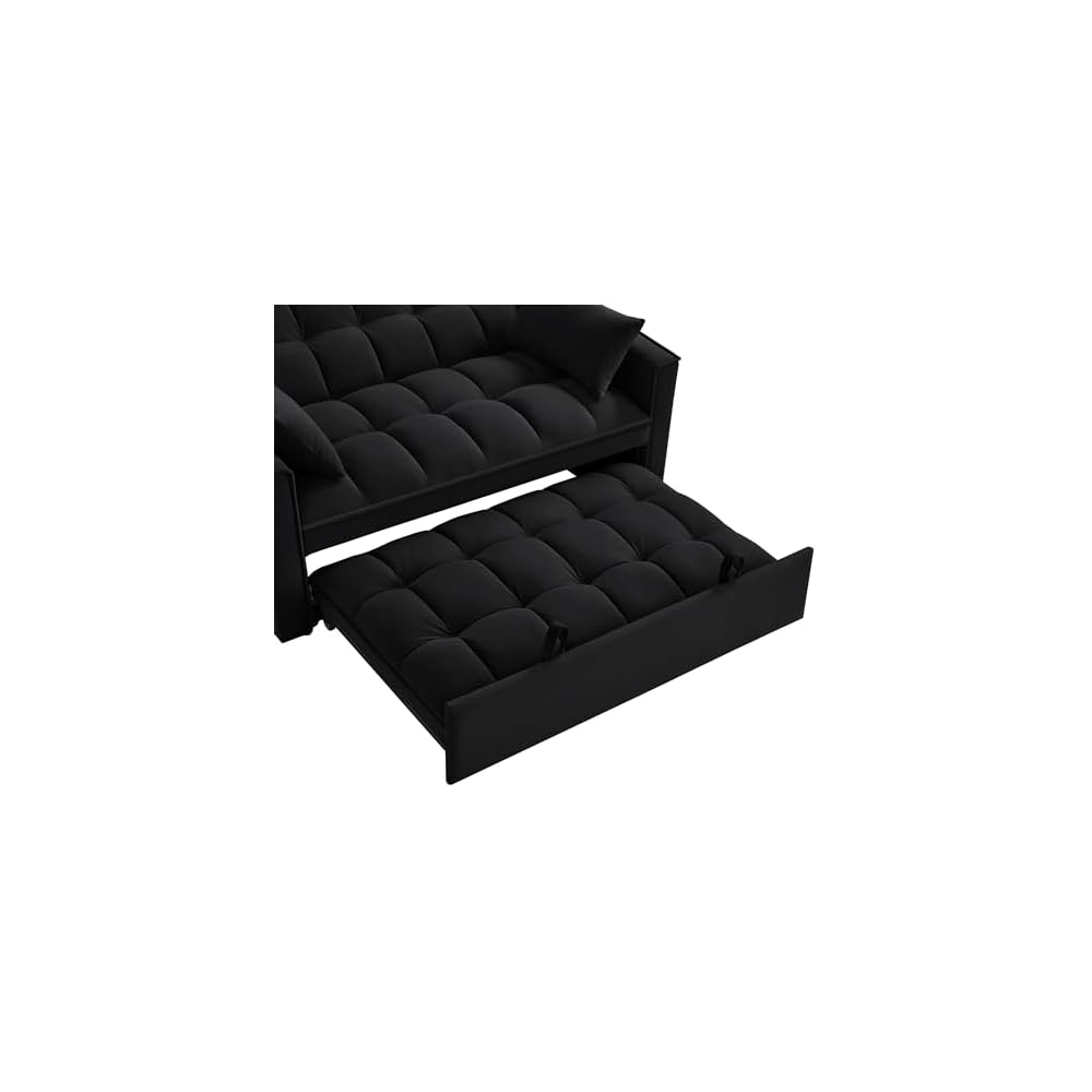 Black Velvet Sleeper Sofa Couch Bed, 4 in 1 Small Modern Convertible Loveseat Futon Sofa with Pullout Bed and Adjustable Backrest for Small Space Living Room Apartment Office Studio Lounge Reading