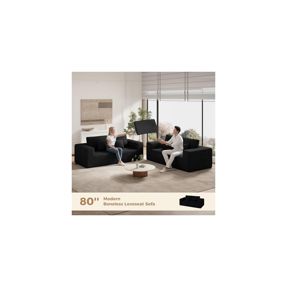 Luxanimarion 80'' Modern Cloud Loveseat Sofa, No Assembly Required Deep Seat Comfy Small Couches Includes 2 pcs Pillows for Living Room, Bedroom, Apartment(Black)