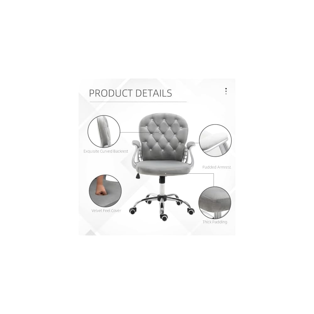 Vinsetto Velvet Home Office Chair Button Tufted Padded Armrests Gray