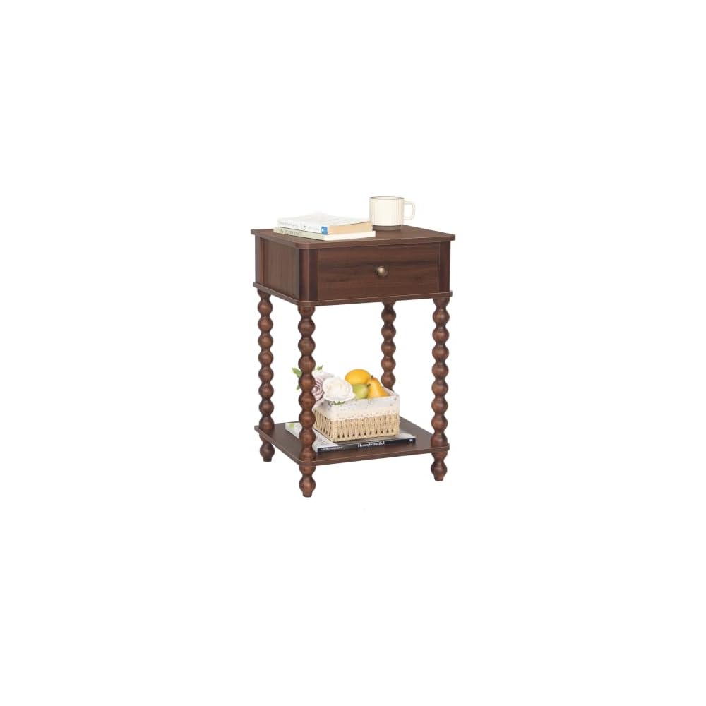 AWASEN Nightstand, Mid Century Modern Night Stand with Drawer for Living Room, Modern Bedside End Table with Spindle Wood Legs for Bedroom, Office, Rustic Brown