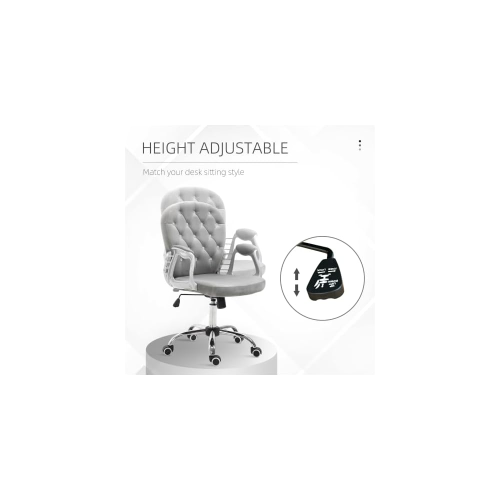 Vinsetto Velvet Home Office Chair Button Tufted Padded Armrests Gray
