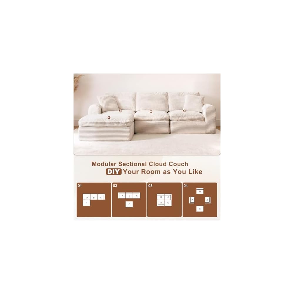 108” Modular Sectional Sofa Couches L Shaped Couch 3 Seater Cloud Sofa Memory Foam Sectional Couches for Living Room, Boneless Couch with Ottoman, Corduroy, Beige