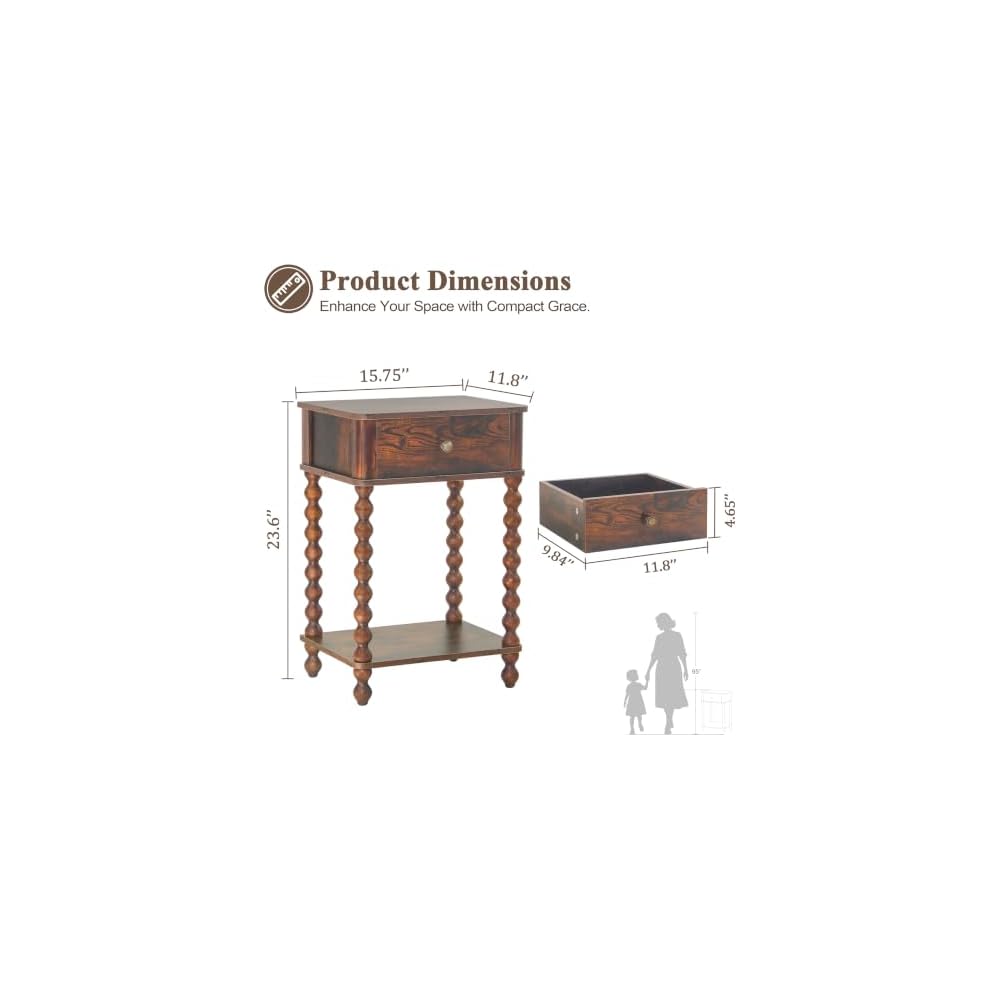 AWASEN Nightstand, Mid Century Modern Night Stand with Drawer for Living Room, Modern Bedside End Table with Spindle Wood Legs for Bedroom, Office, Rustic Brown