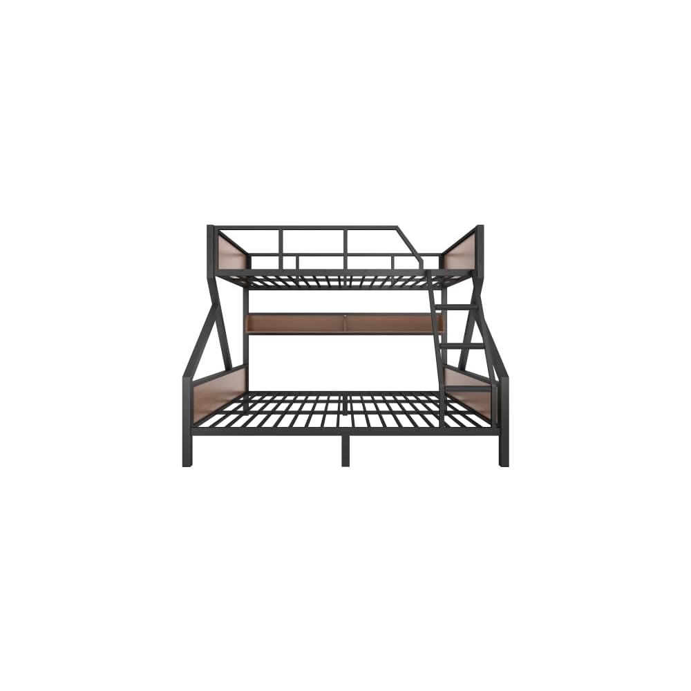 Queen Over King Bunk Bed, Metal Bunk Bed with Storage Shelves and Lights, Space-Saving & Noise-Free Design, Black
