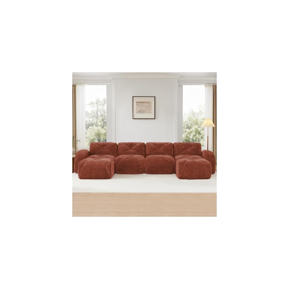 Red U-Shaped Sectional Couches for Living Room, Velvet Fabric Boneless Couch, No Assembly Cloud Modular Sectional Sofa with 2 Ottoman, Foam Couch Compressed Sofa Set for Apartment, Sofas para Sala