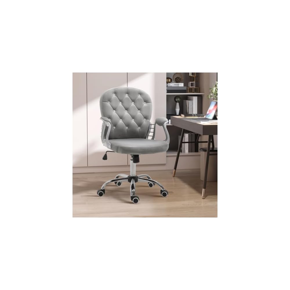 Vinsetto Velvet Home Office Chair Button Tufted Padded Armrests Gray