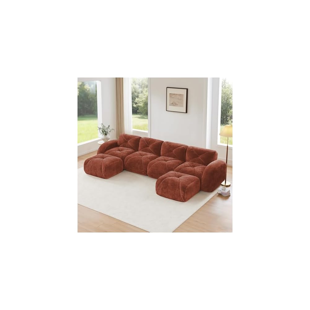 Red U-Shaped Sectional Couches for Living Room, Velvet Fabric Boneless Couch, No Assembly Cloud Modular Sectional Sofa with 2 Ottoman, Foam Couch Compressed Sofa Set for Apartment, Sofas para Sala