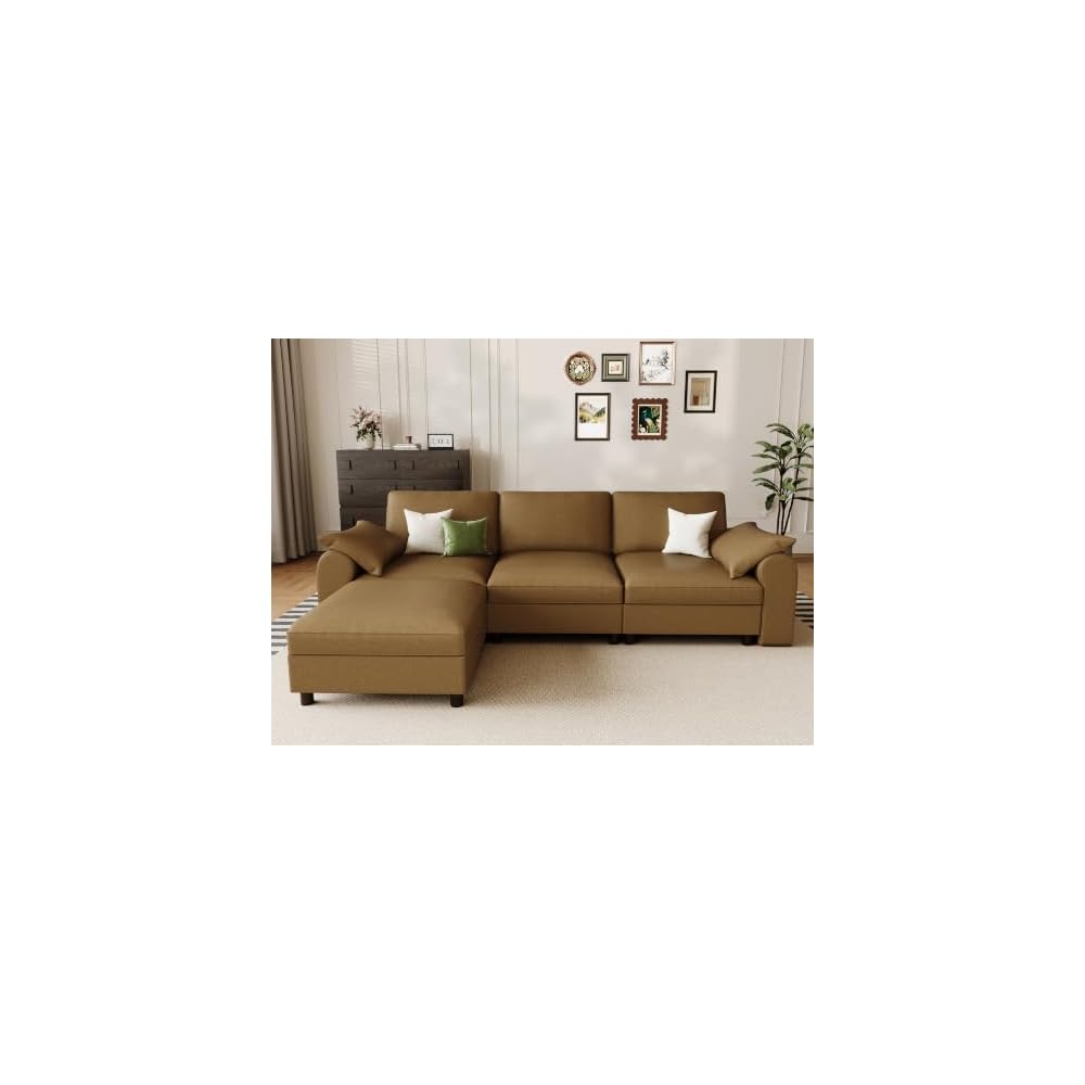 EASE MOOSE Leather Sectional Couch, L Shaped Modular Sectional Sofa, Brown
