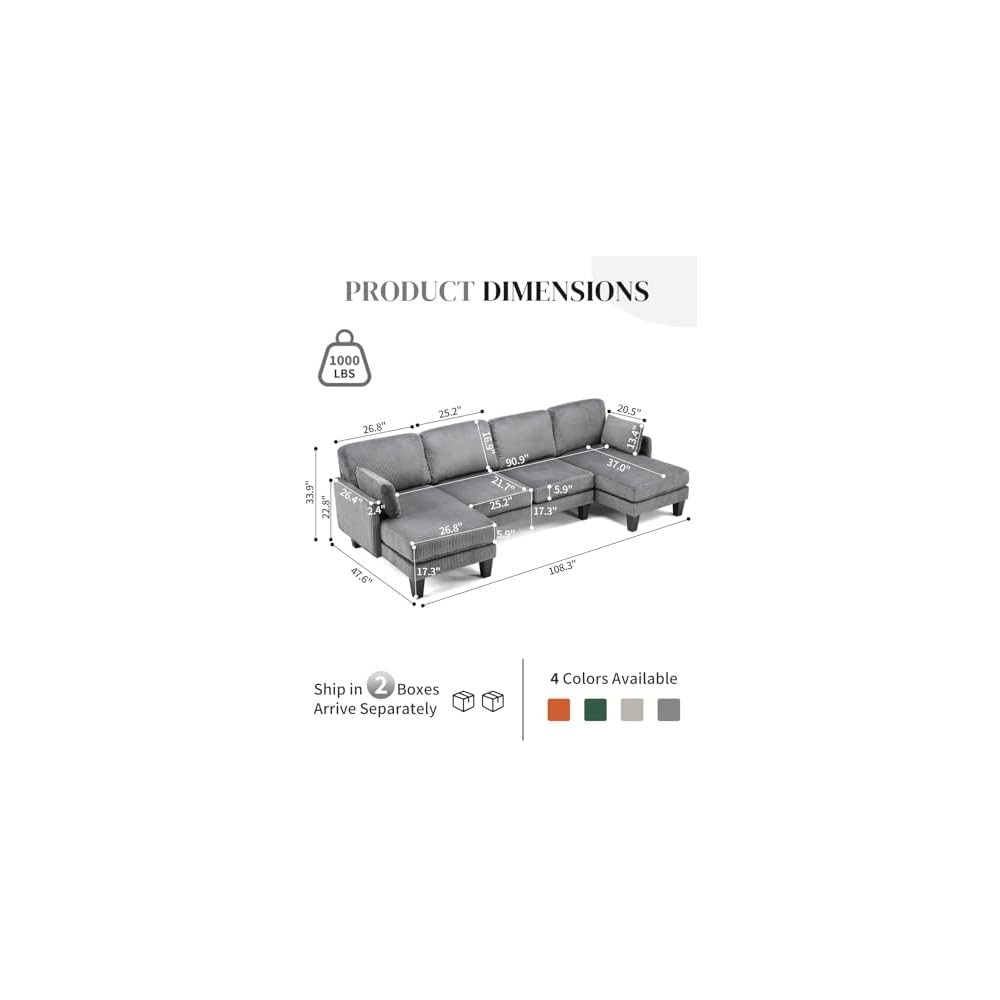Karl home Corduroy U-Shape Sectional w/Arm Pillows 108", Dark Grey
