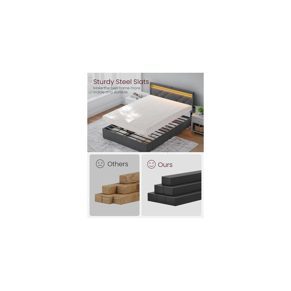 VASAGLE Full Bed Frame, 4 Storage Drawers on Wheels, Charging Station