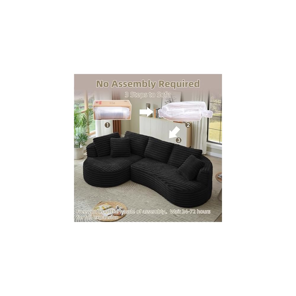 121" Cloud Sectional Couch,Oversized Corduroy Couches with L-Shape Chaise,Modern Modular Sofa with Deep Seat,Upholstered Boneless Couch for Living Room (Black, Left Facing Chaise)