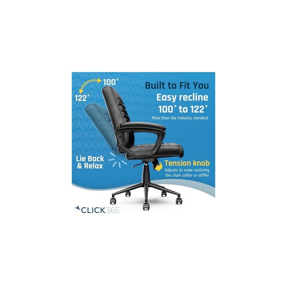 Pemberly Row Ergonomic Mid Back Desk Chair, Bonded Leather Upholstery, Black Finish, Adjustable Height, 5 in Seat Cushion, Heavy Duty Metal Base, Smooth Rolling Casters, Office or Home Use