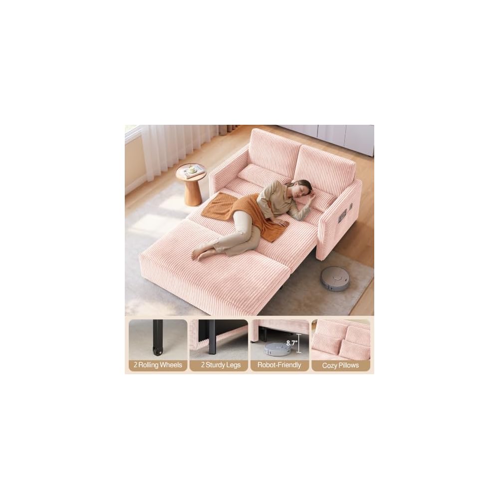 Ahomly 77.2" Extended Pull-Out Sofa Bed, 3-in-1 Convertible Loveseat, Pink