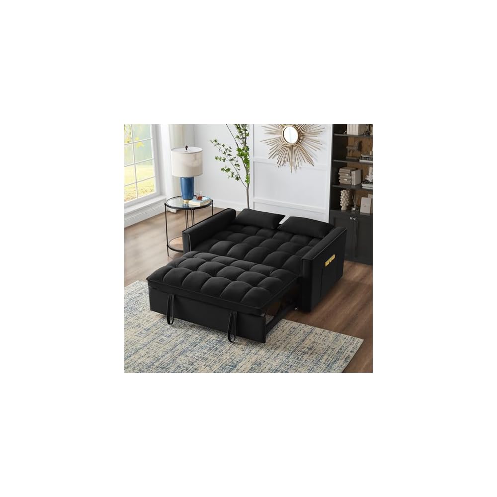 Black Velvet Sleeper Sofa Couch Bed, 4 in 1 Small Modern Convertible Loveseat Futon Sofa with Pullout Bed and Adjustable Backrest for Small Space Living Room Apartment Office Studio Lounge Reading