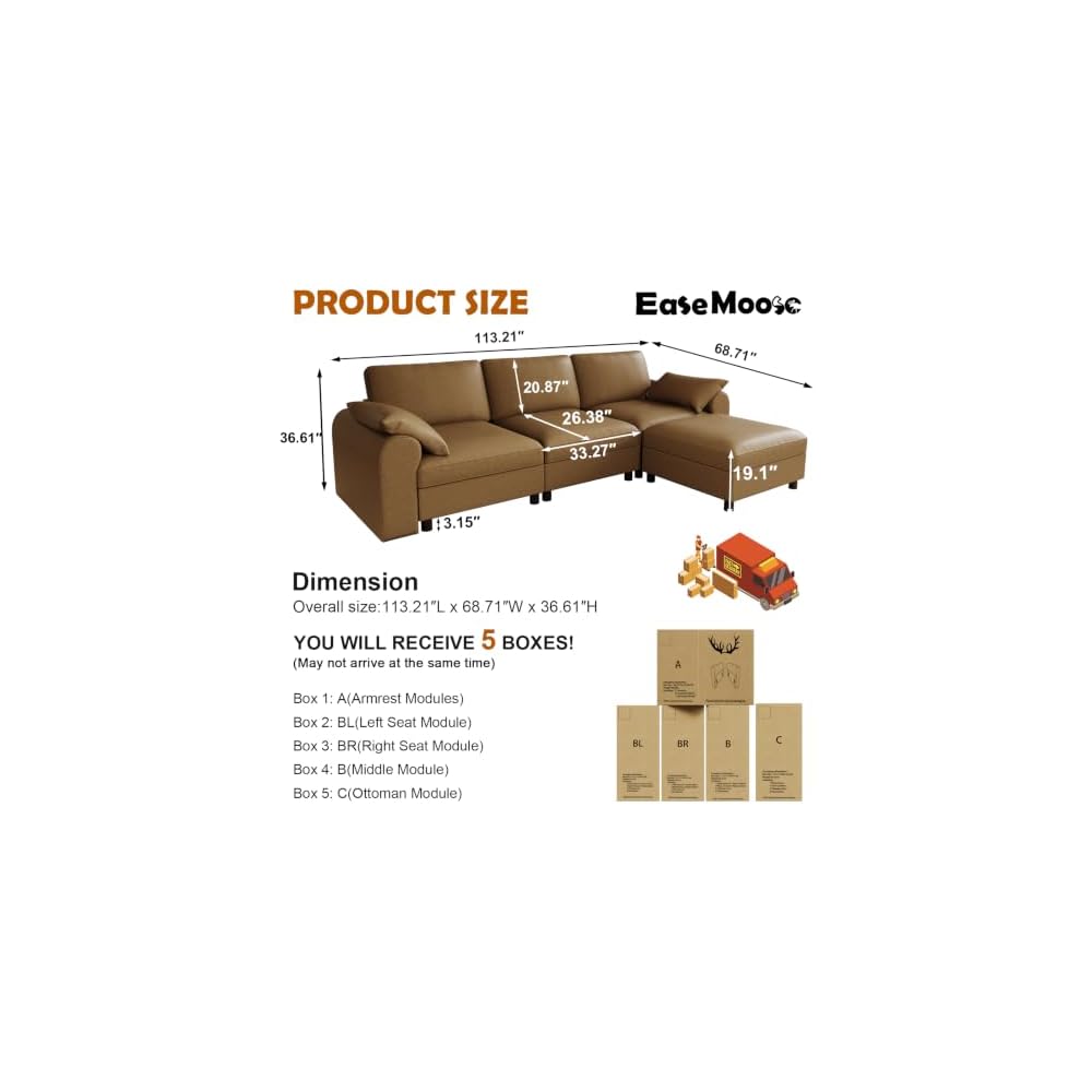 EASE MOOSE Leather Sectional Couch, L Shaped Modular Sectional Sofa, Brown