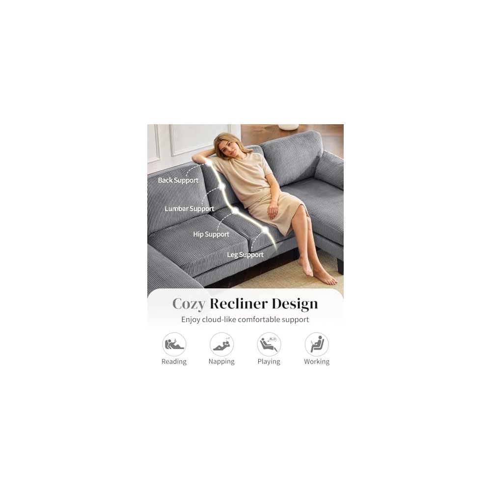 Karl home Corduroy U-Shape Sectional w/Arm Pillows 108", Dark Grey