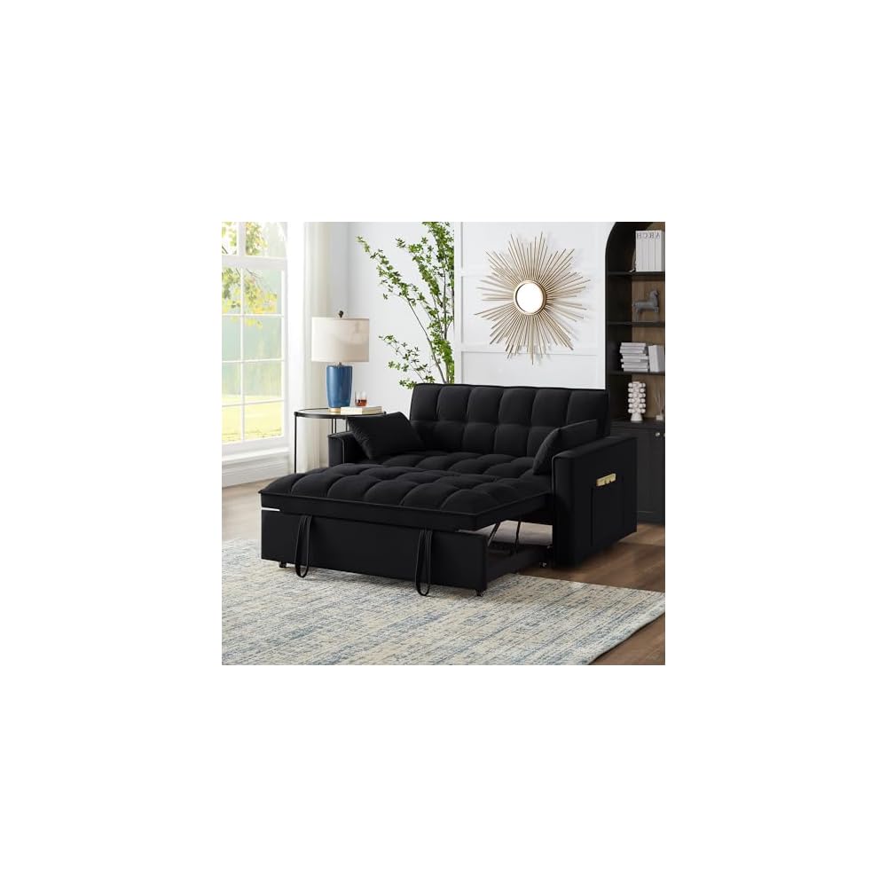 Black Velvet Sleeper Sofa Couch Bed, 4 in 1 Small Modern Convertible Loveseat Futon Sofa with Pullout Bed and Adjustable Backrest for Small Space Living Room Apartment Office Studio Lounge Reading