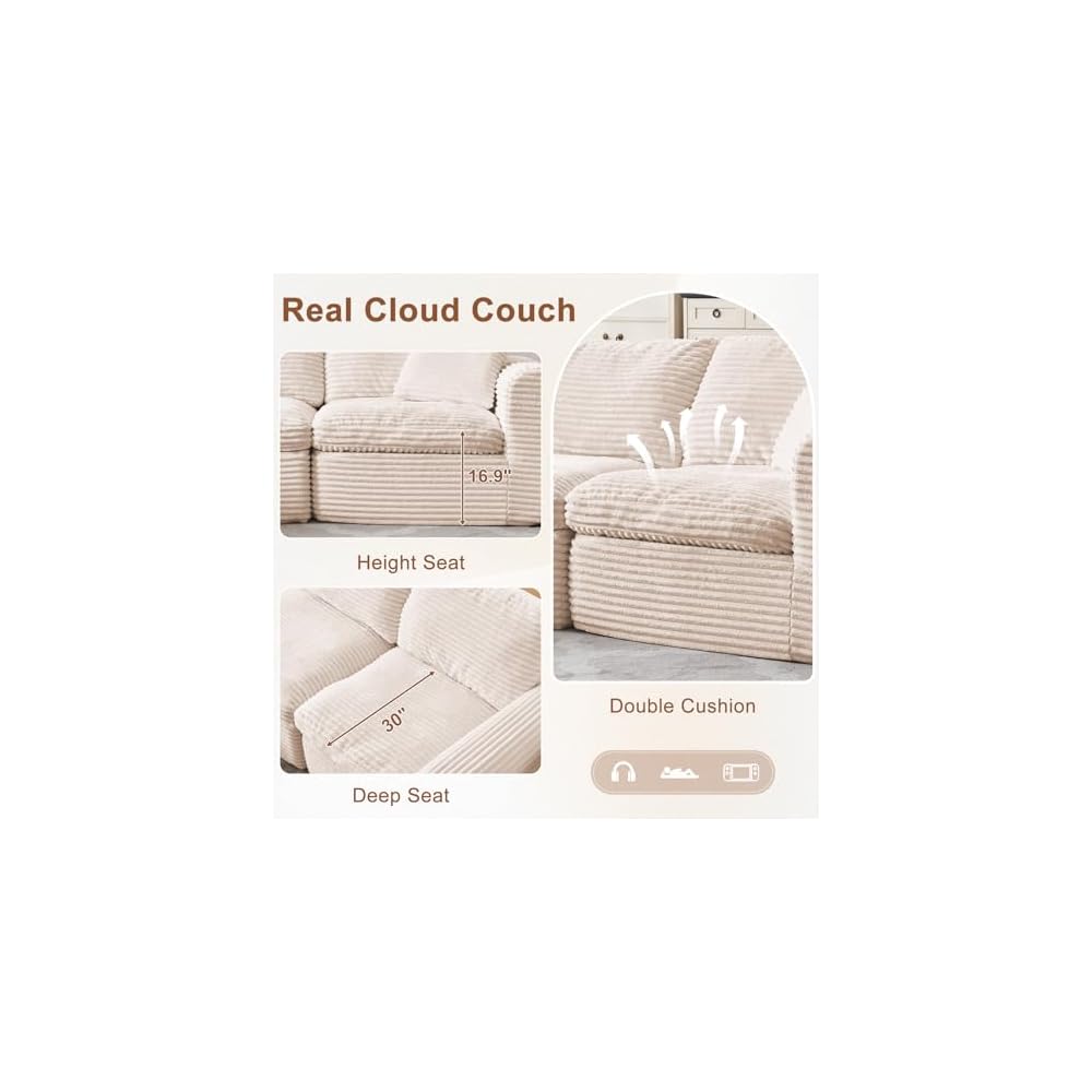 108” Modular Sectional Sofa Couches L Shaped Couch 3 Seater Cloud Sofa Memory Foam Sectional Couches for Living Room, Boneless Couch with Ottoman, Corduroy, Beige