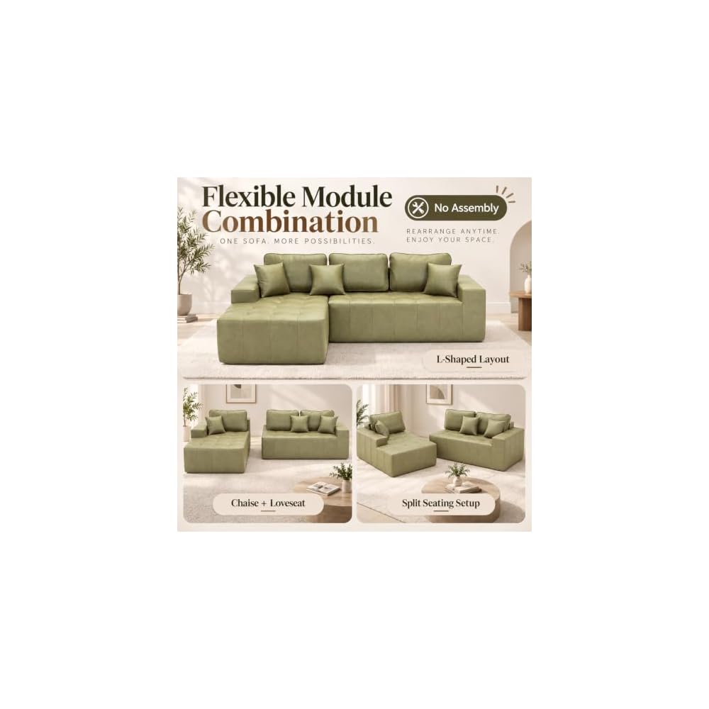 108" Modular Leather Sectional Couches with Boneless L-Shaped Chaise