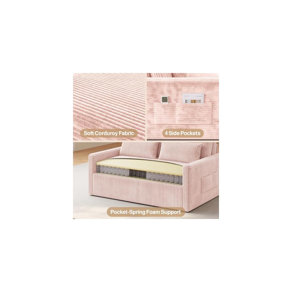 Ahomly 77.2" Extended Pull-Out Sofa Bed, 3-in-1 Convertible Loveseat, Pink