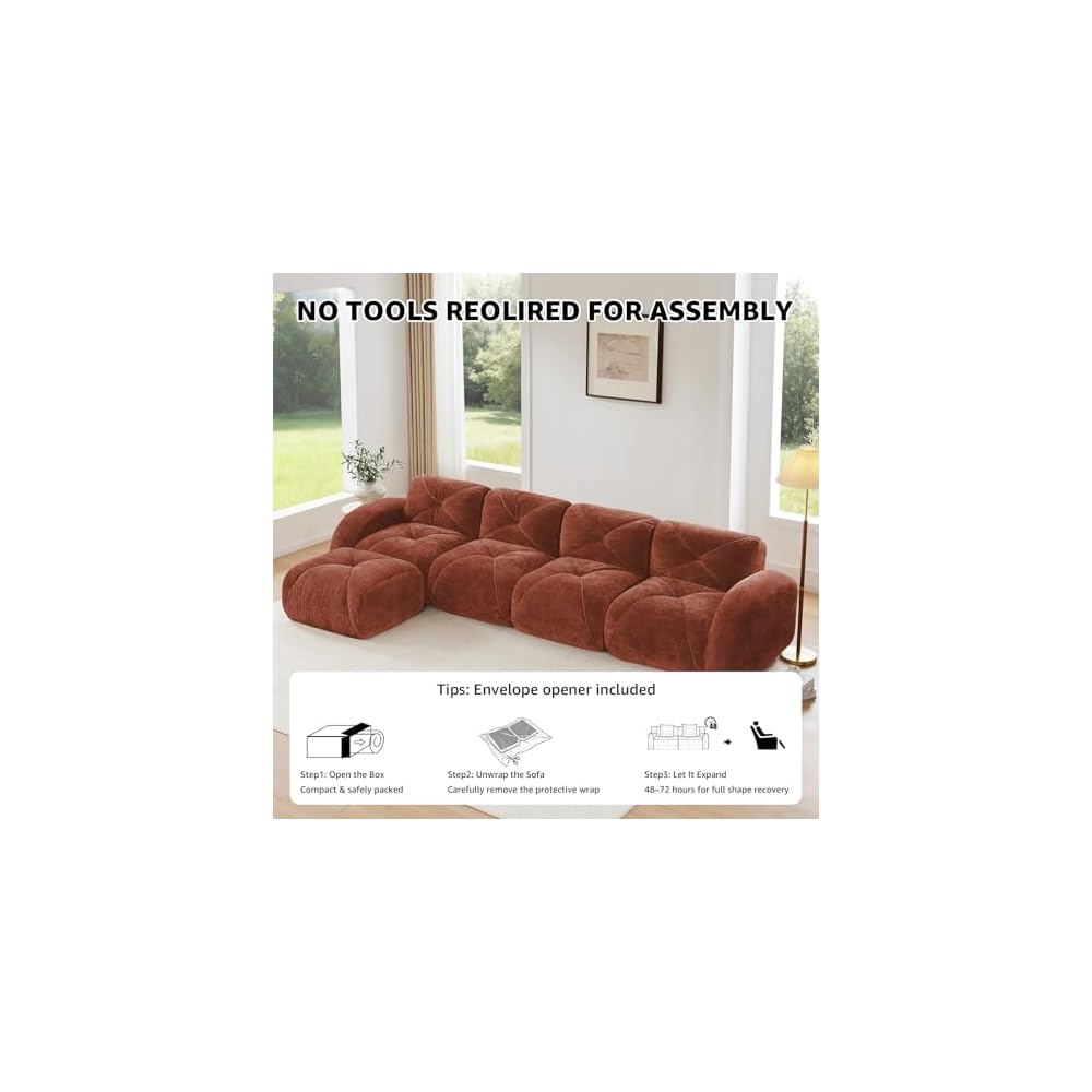 Red U-Shaped Sectional Couches for Living Room, Velvet Fabric Boneless Couch, No Assembly Cloud Modular Sectional Sofa with 2 Ottoman, Foam Couch Compressed Sofa Set for Apartment, Sofas para Sala