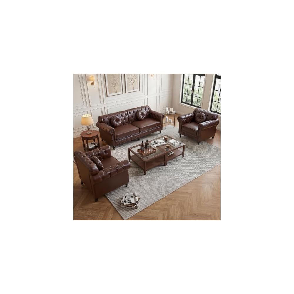 3 Seater Sofa with 2 Chair, Faux Leather Oversized Couch Couch Set, Small Living Room Sofa Set for Apartment with Solid Wood Legs, Assembly Required