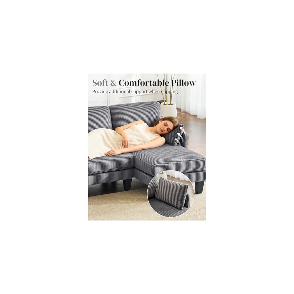 Karl home Corduroy U-Shape Sectional w/Arm Pillows 108", Dark Grey