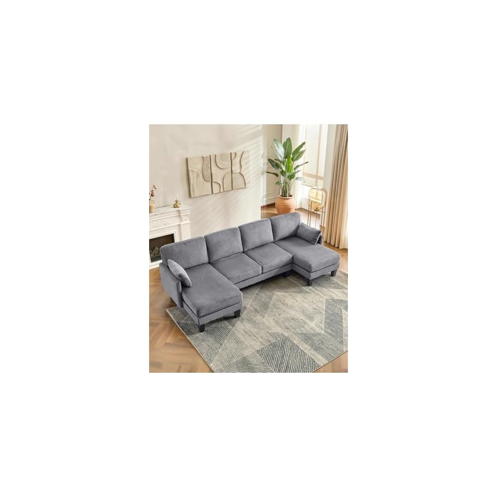 Karl home Corduroy U-Shape Sectional w/Arm Pillows 108", Dark Grey