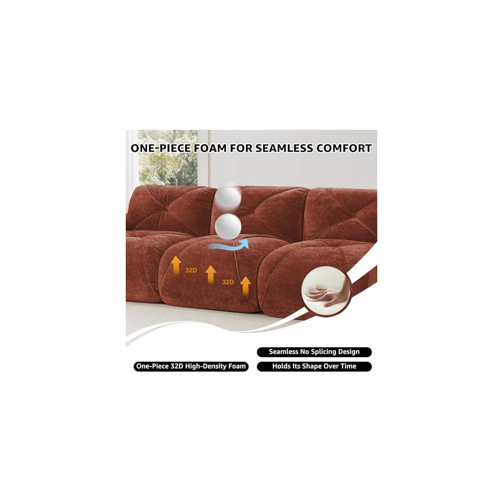 Red U-Shaped Sectional Couches for Living Room, Velvet Fabric Boneless Couch, No Assembly Cloud Modular Sectional Sofa with 2 Ottoman, Foam Couch Compressed Sofa Set for Apartment, Sofas para Sala