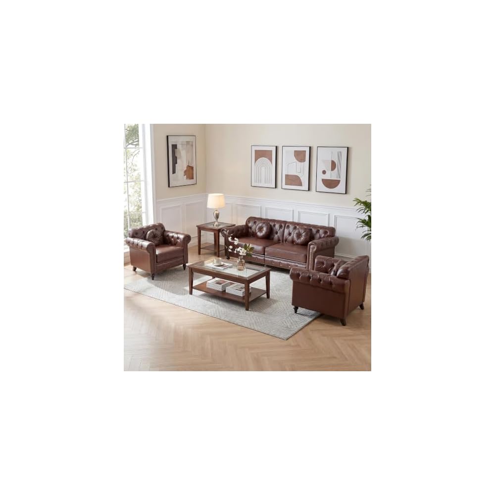 3 Seater Sofa with 2 Chair, Faux Leather Oversized Couch Couch Set, Small Living Room Sofa Set for Apartment with Solid Wood Legs, Assembly Required