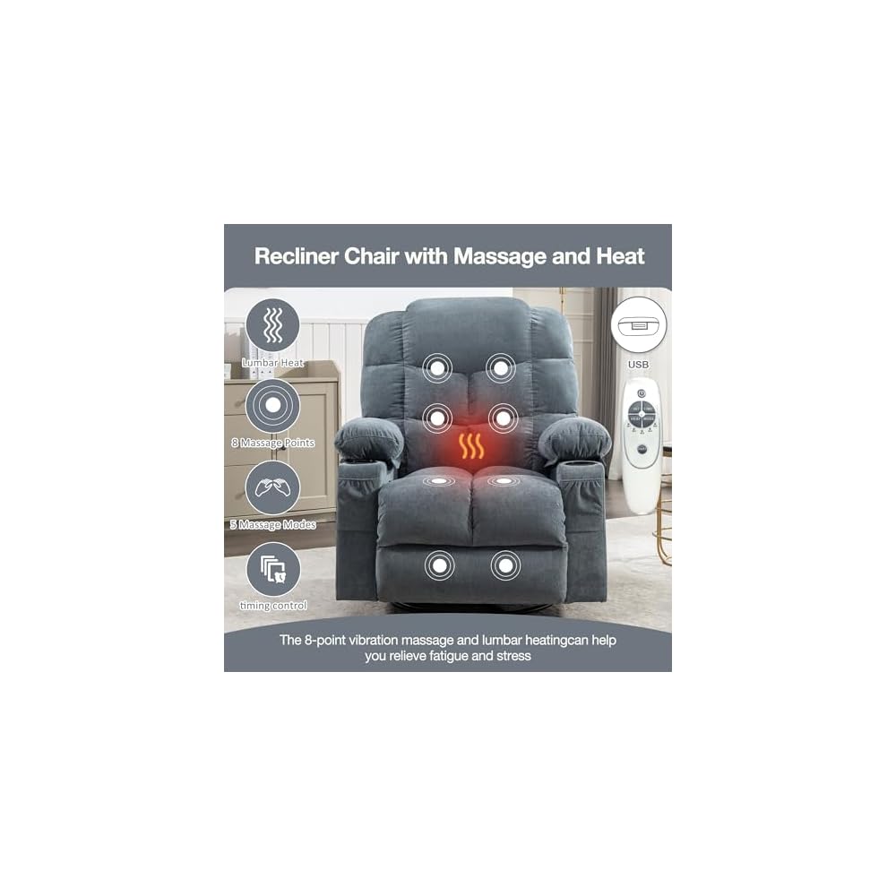 Luxurious Oversized Recliner Chair for Adults with Heat Massage, Rocking Motion, USB Charge Port & 2 Cup Holders, Manual Massage Comfort Retreat