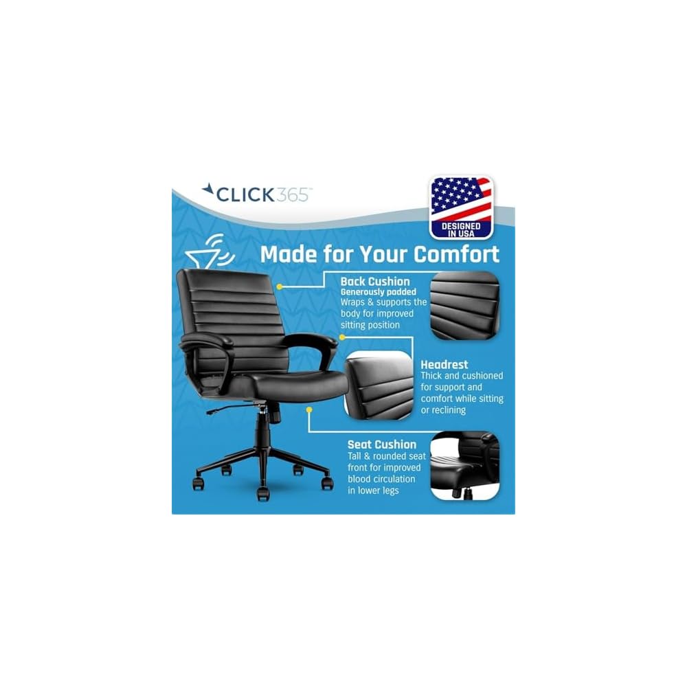 Pemberly Row Ergonomic Mid Back Desk Chair, Bonded Leather Upholstery, Black Finish, Adjustable Height, 5 in Seat Cushion, Heavy Duty Metal Base, Smooth Rolling Casters, Office or Home Use