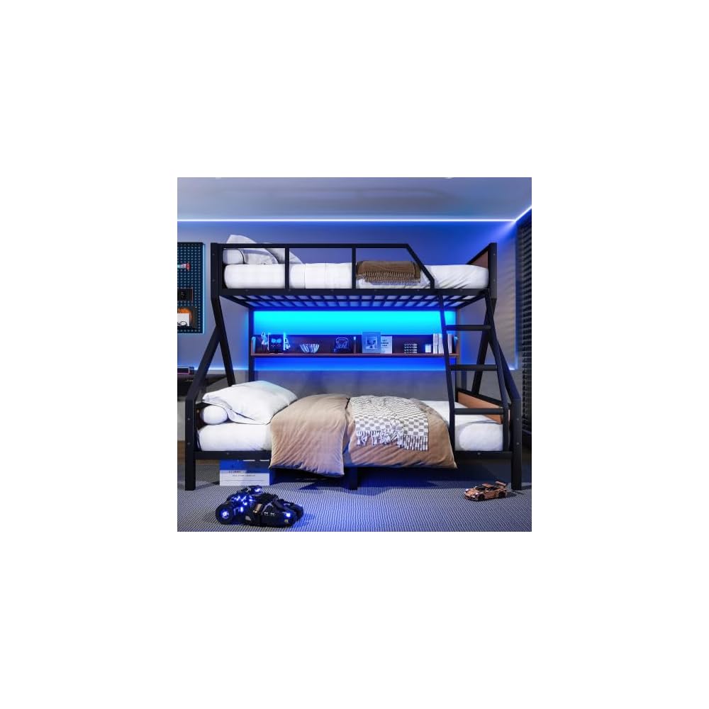 Queen Over King Bunk Bed, Metal Bunk Bed with Storage Shelves and Lights, Space-Saving & Noise-Free Design, Black