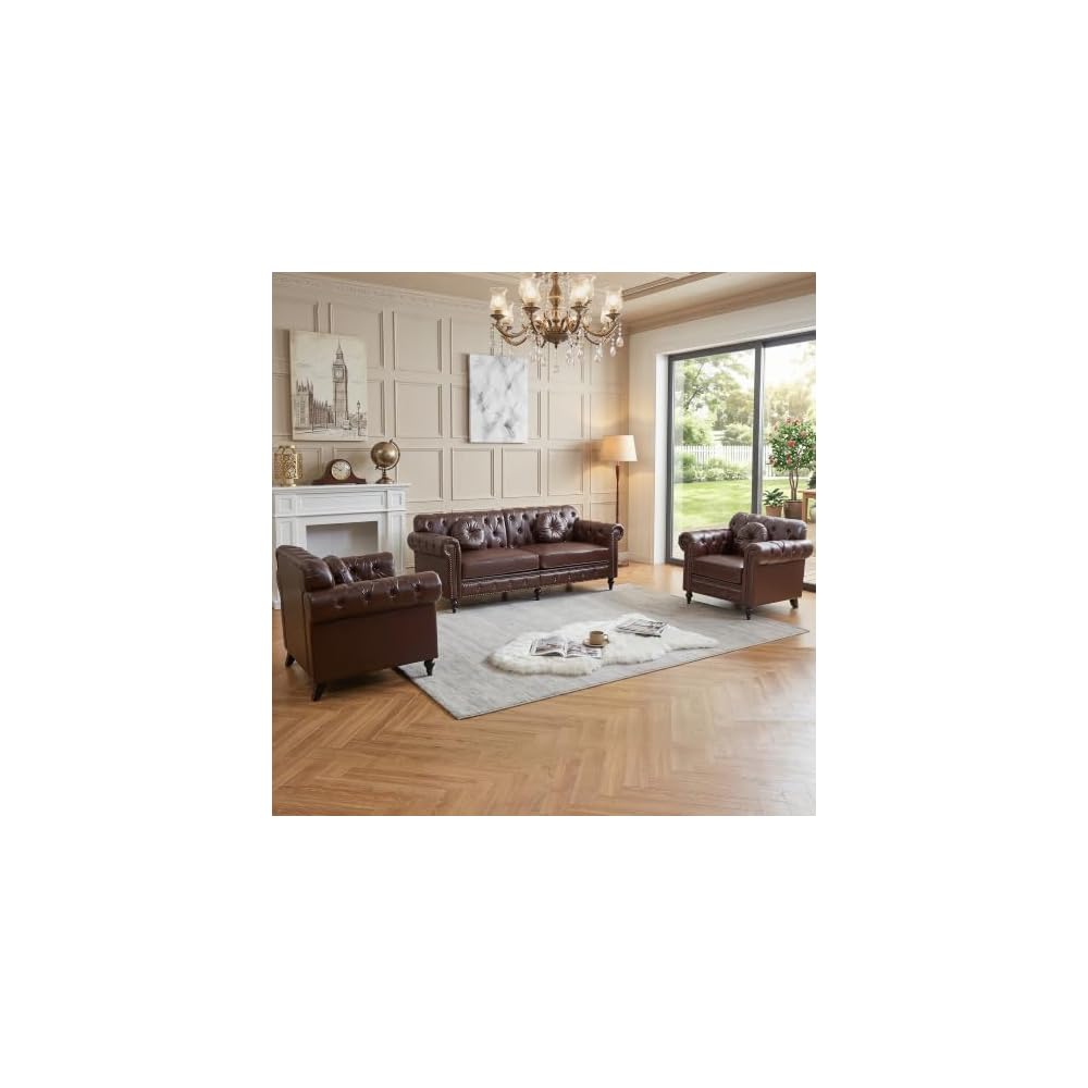 3 Seater Sofa with 2 Chair, Faux Leather Oversized Couch Couch Set, Small Living Room Sofa Set for Apartment with Solid Wood Legs, Assembly Required