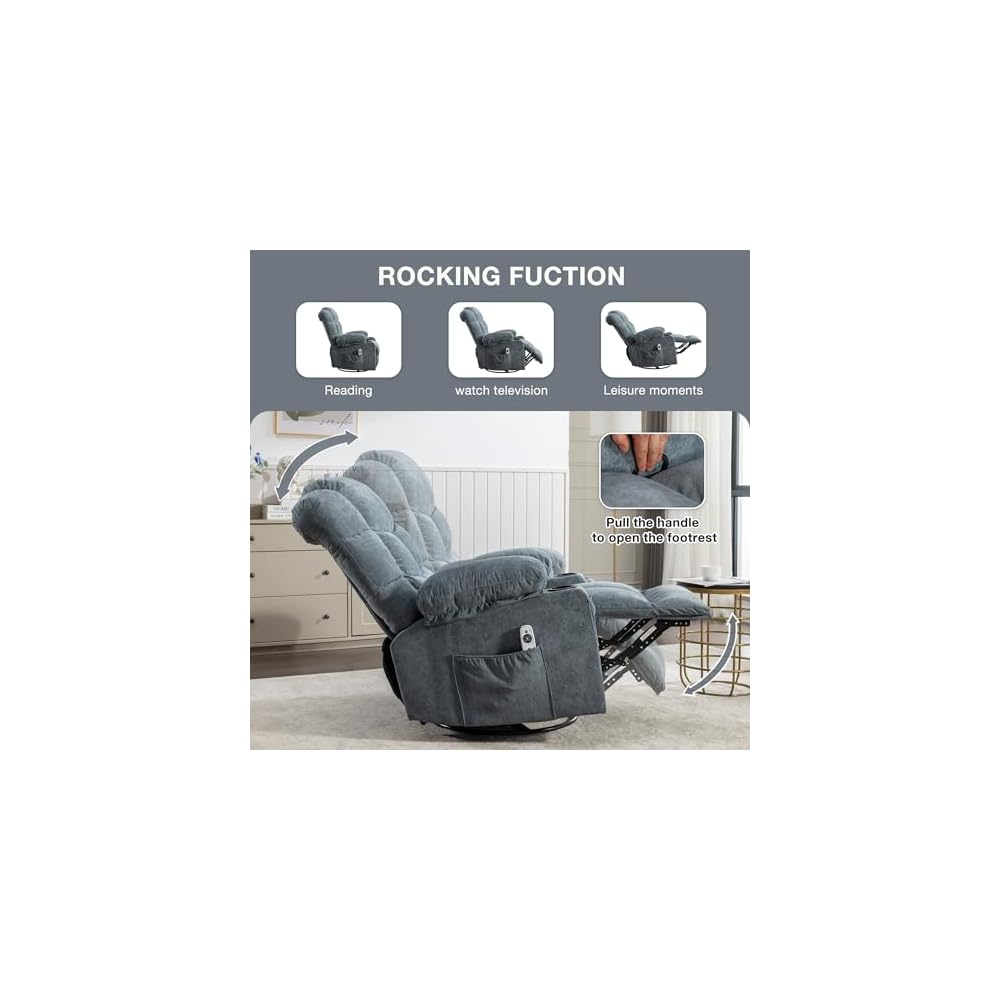 Luxurious Oversized Recliner Chair for Adults with Heat Massage, Rocking Motion, USB Charge Port & 2 Cup Holders, Manual Massage Comfort Retreat