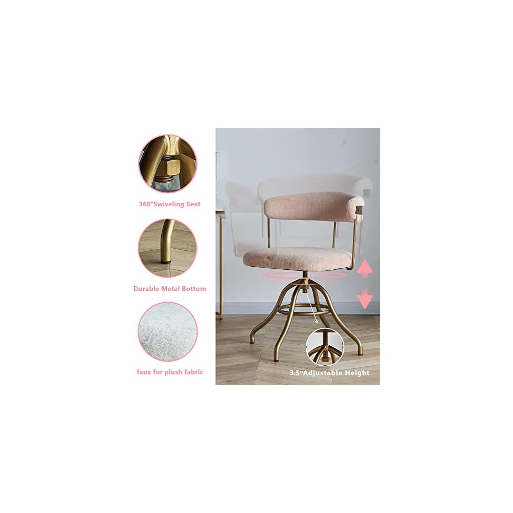 Vintage Desk Chair, Vanity Chair for Women, Comfy Faux Fur Accent Chair, Adjustable Swivel Pink Upholstered Chair for Bedroom, Cloakroom
